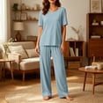thumbnail image 2 of Pajama Sets for Women Round Neck Short Sleeve Tees with Wide Leg Pants Comfy Loungewear Summer Sleepwear Set Blue XL, 2 of 7