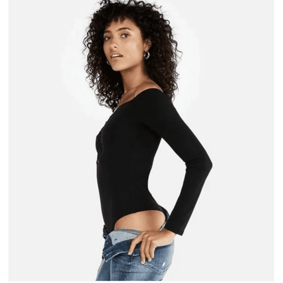 Express Black Cotton Long Sleeve Bodysuit Shirt