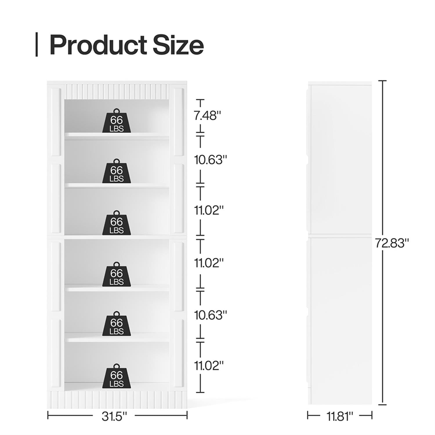 Demi Bonn 6 Tier Bookcase with Storage Shelves, Wood Bookshelf Storage Organizer, 73" Tall Display Standing Shelf Unit for Bedroom, Living Room, White