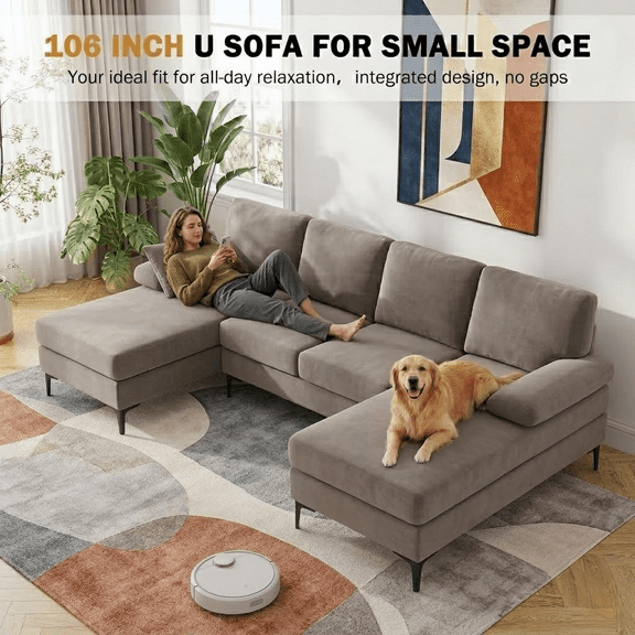 Howcool 106" Cloud Sectional Sofa with Extra Deep Seat,U Shaped Sectional Couches for Living Room,4 Seater Chenille Sofas & Couches,Modern Apartment Couch with Double Chaise Lounge, Khaki