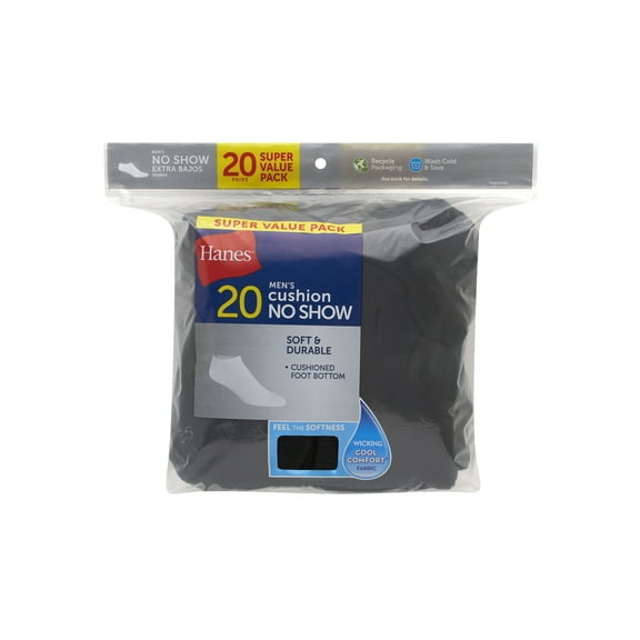 Hanes Men's 20 Pairs Moisture-Wicking No Show Socks- Black