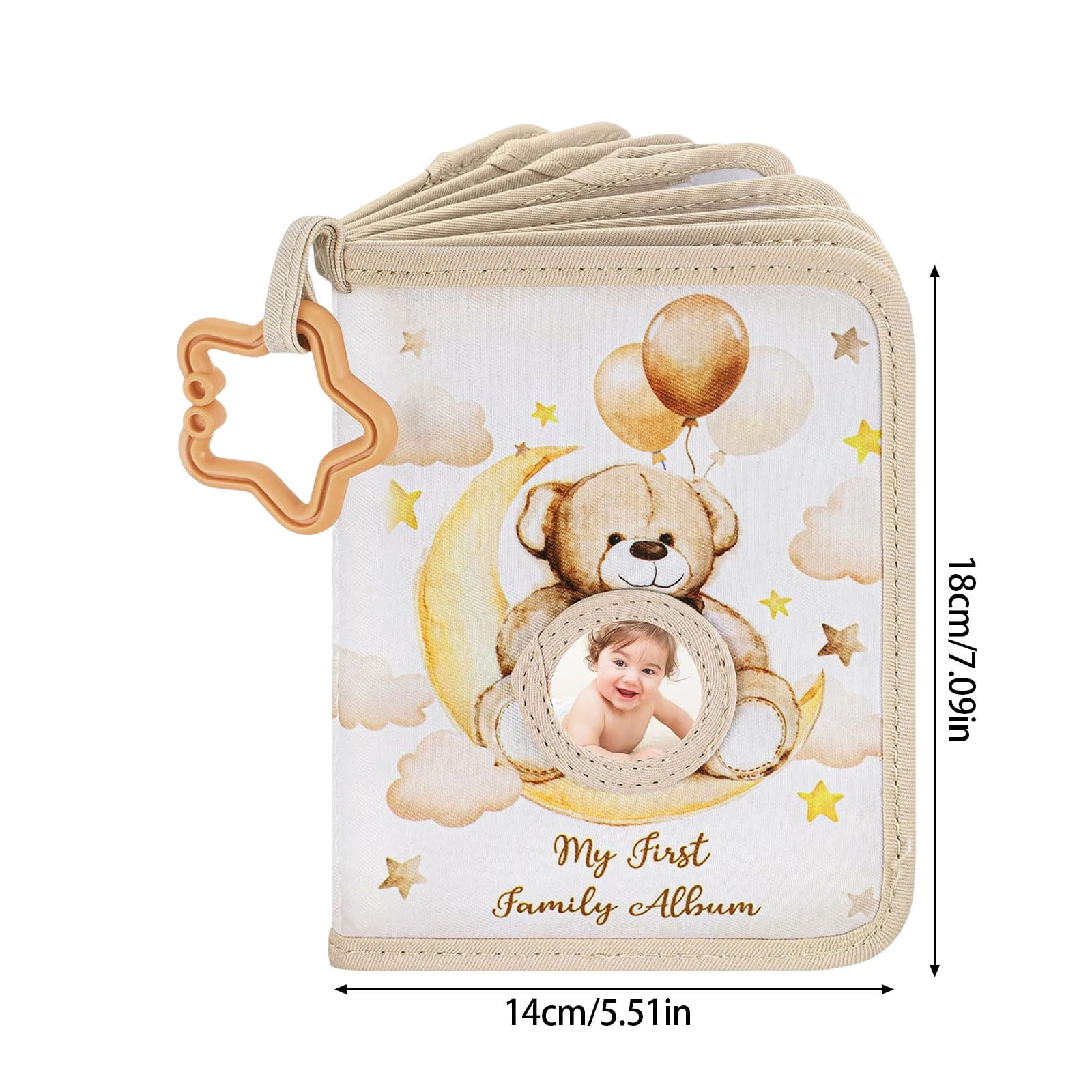 Baby Memory Photo Album with Safe Mirrored and Star Teether Rings Bear Pattern Picture Book for Infant Photography Album