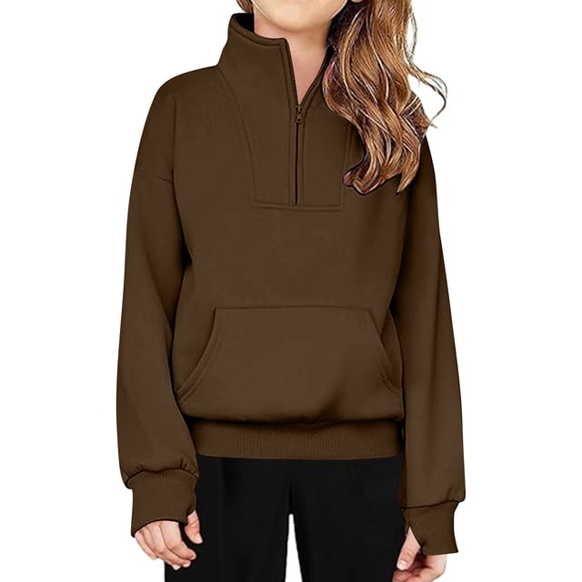 Milgrthf Girls Half Zipper Collar Hoodies Pullover Long Sleeve Casaul 1/4 Zip Up Thumb Holes Hooded Sweatshirts with Pocket Coffee 160
