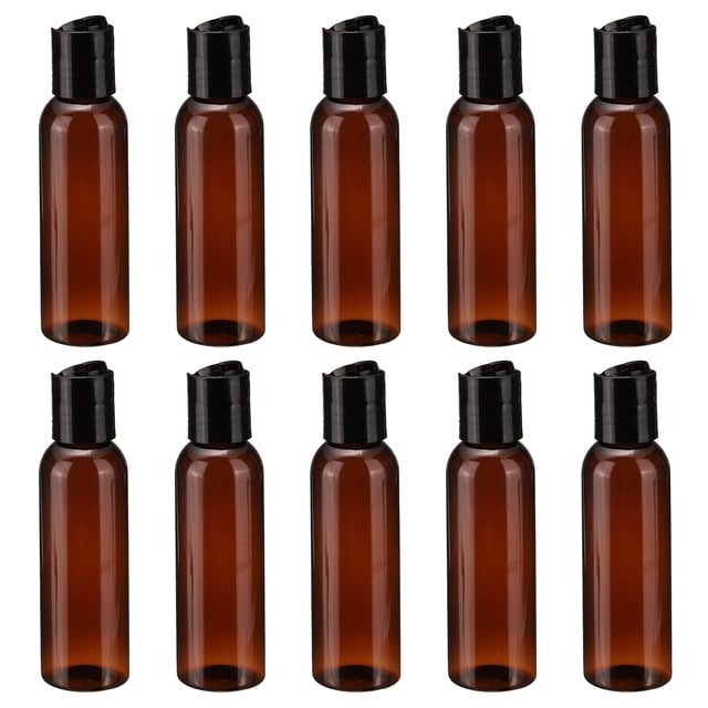 Uxcell 10PCS Botellas Plásticas Vacías con Tapas Negras, Botella de Tamaño Pequeño para Viaje de 2oz/60ml, Marrón