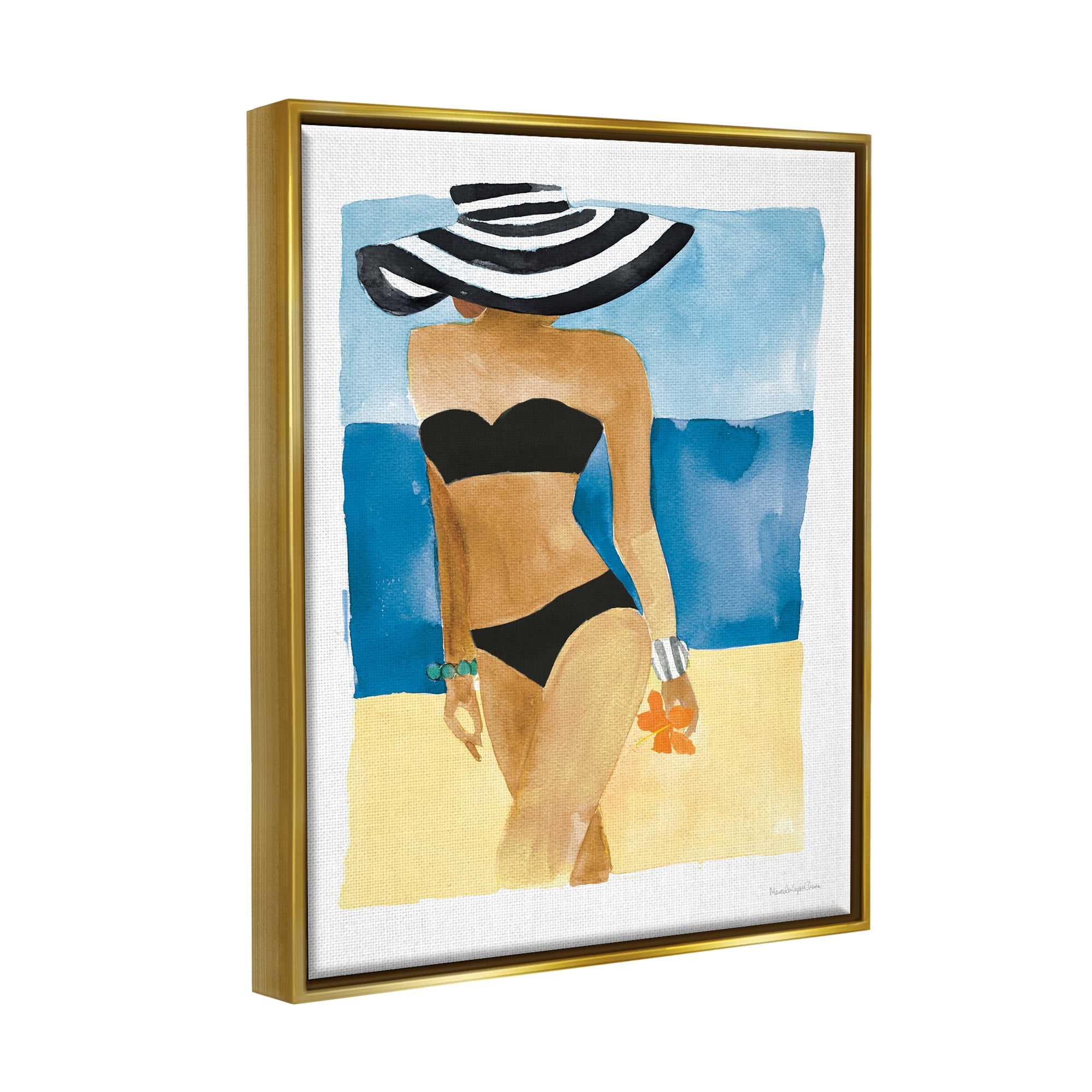 Stupell Industries Girl on Beach Painting Nature Painting Gold Floater Framed Art Print Wall Art, 17 x 21