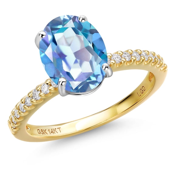 Gem Stone King 14K Two Tone Gold Millennium Blue Mystic Quartz and Lab Grown Diamond Engagement Ring for Women | 3.16 Cttw | Oval 10X8MM | Gemstone Birthstone | Size 7