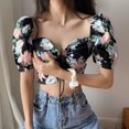 thumbnail image 3 of JANDEL Black Elegant Stylish Women's Fashion Floral Print V Neck Exposed Navel Sexy Sweet Short Sleeve Chiffon Shirt Blouse, 3 of 7