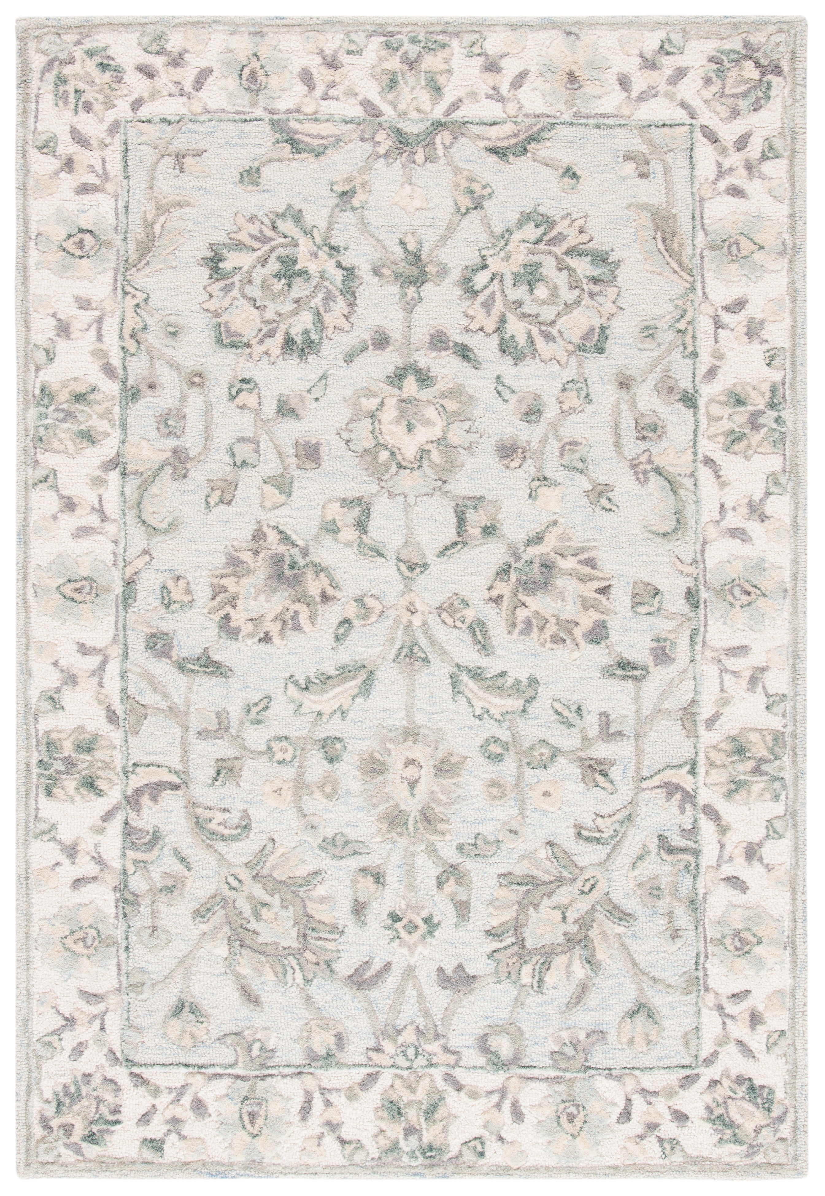 SAFAVIEH Glamour Pierce Floral Bordered Wool Area Rug, Light Blue/Ivory, 5' x 8'