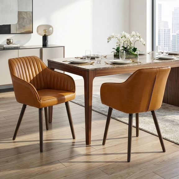 Set of 2 Alaura Arm Chair in Caramel Brown Faux Leather with Beech Legs