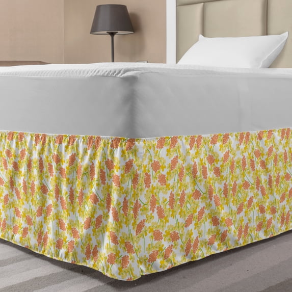 Colorful Bed Skirt, Spring Strelitzia and Wildflower Silhouette Vintage Hand Drawn Petals, Elastic Bedskirt Dust Ruffle Wrap Around for Bedding Decor, 4 Sizes, Coral Yellow and Green, by Ambesonne