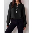 thumbnail image 6 of Women Henley Neck Half Button Drop Shoulder Loose Long Sleeve Knit Pullover Sweater Black XS, 6 of 9