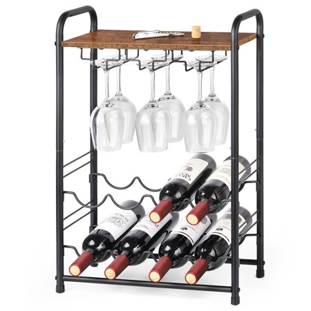 2 Tier Wood Wine Rack  Countertop Wine Storage Stand Hold 8 Wine Bottles and 6 Glasses  Freestanding Wine Holder Display Shelves for Kitchen  Pantry  Cellar  Bar
