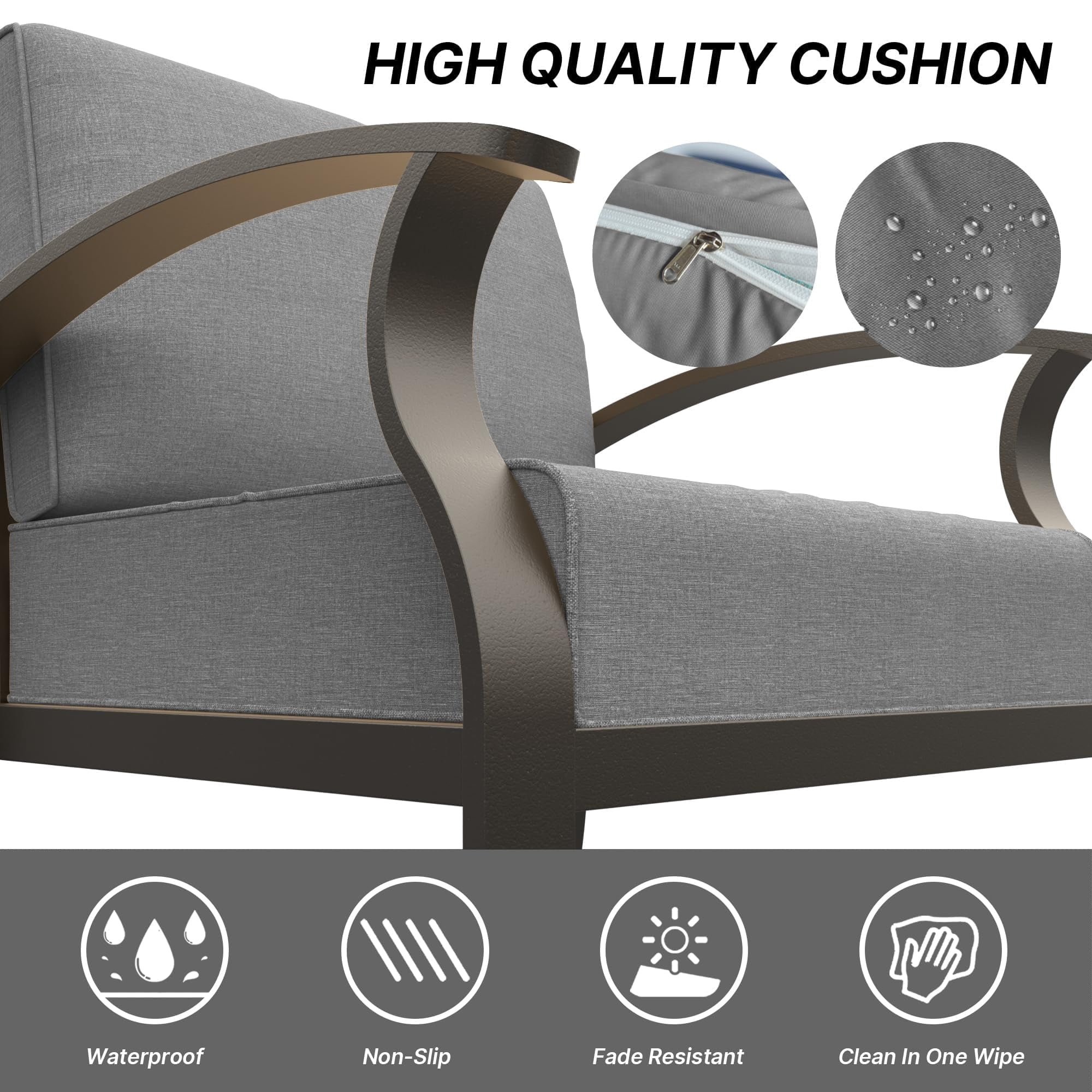 Gotland 5 Piece Aluminum Patio Furniture Set,Modern Metal Outdoor Patio Furniture w/5.1'' Thick Cushion and Rectangular Coffee Table,Patio Conversation Sets for Porch,Deck,Gray