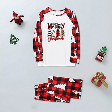 

Chiccall Matching Christmas Pajamas for Family Merry Christmas Letter Print Long Sleeve Plaid Pjs Christmas Trees Pattern Sleepwear Homewear Christmas Gifts Holiday PJs Set for Women/Men/Kids/Couples