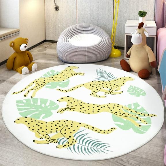 Lanpei Animal Kids Rug 5Ft Round Leopard Bedroom Carpet Large Circle Leaf and Animal Nursery Playroom Mat for Boys Girls Jungle Wildlife Classroom Rug, Yellow Leopard