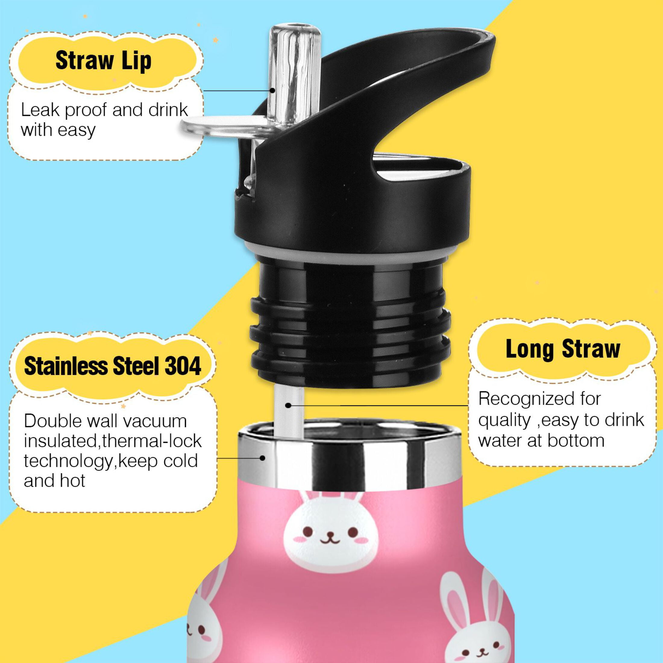 600ML Stainless Steel Insulated Cup Sports Water Bottle Portable Thermos Cup Water Glasses Insulated Tumblers Convenient and Durable Cute White Rabbits