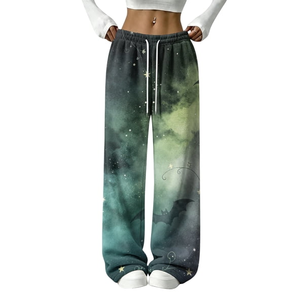 Womens Wide Leg Pants Halloween Sweatpants Spooky Print Flannel Baggy Fit Fall 2026 Casual Joggers Lounge Pajama Pants Holiday Costumes with Pockets,L,Black