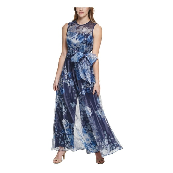 ELIZA J Womens Navy Zippered Sheer Lined Self Tie Belt Floral Sleeveless Jewel Neck Evening Wide Leg Jumpsuit 14