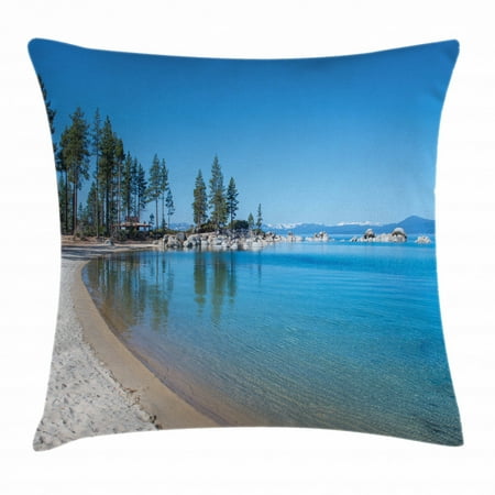 Lake Forest Market Square Christmas Lake Tahoe Throw Pillow Cushion Cover, Clear Water in Shore of Lake Tahoe Idyllic Calming Scene, Decorative Square Accent Pillow Case, 16 X 16 Inches, Azure Blue Coconut Forest Green, by Ambesonne ()