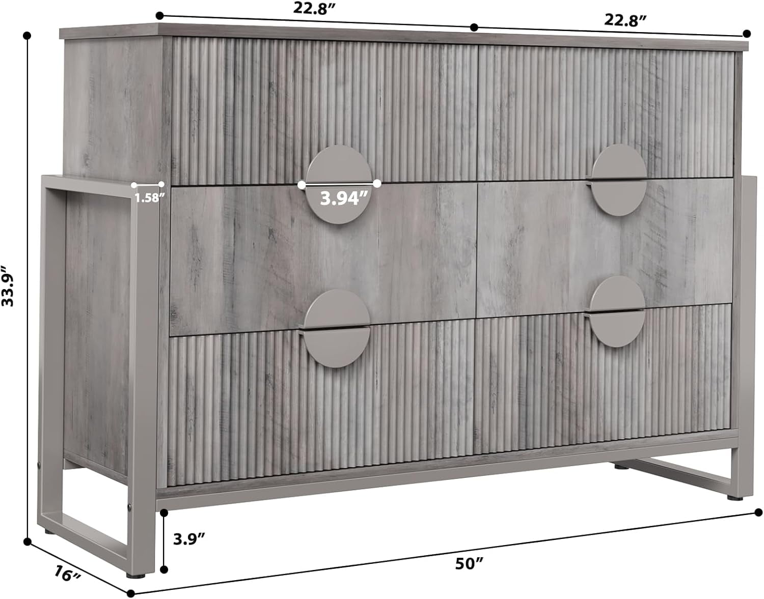 Holliwill 6 Drawer Dresser for Bedroom, Fluted Dresser Chest of Drawers for Living Room, Hallway, Gray