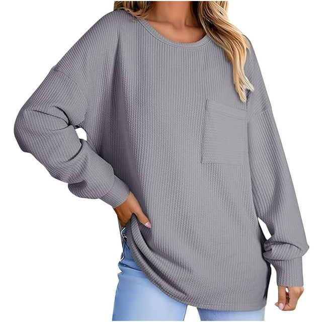 Meichang Chemise à Manches Longues pour Femmes Hauts de Printemps Blouses Texturées Tendance Col Rond Décontracté Pull Confortable avec Poche Poitrine