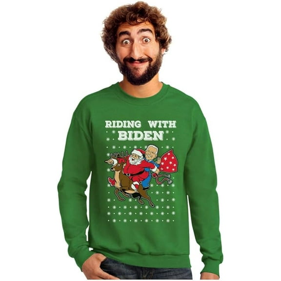 Tstars Mens Riding with Biden Ugly Christmas Sweater Funny Humor Santa Joe Biden Xmas Sweatshirt