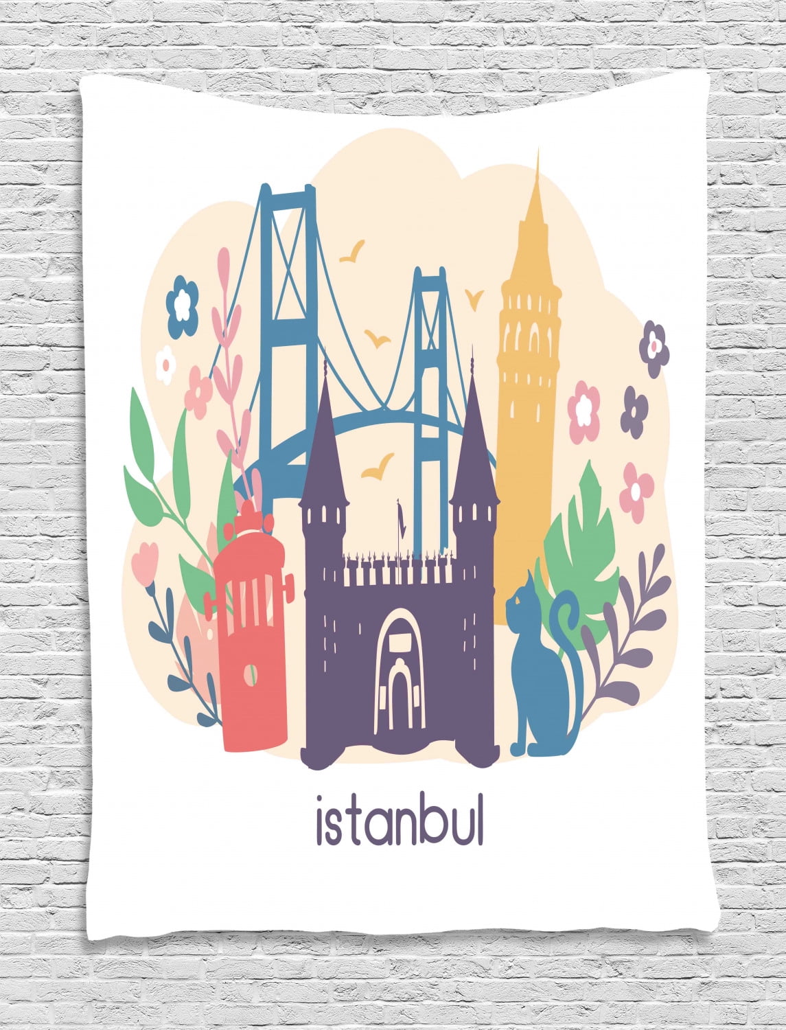 Travel Tapestry, Istanbul City Illustration with Colorful Floral and Landmarks, Wall Hanging for 