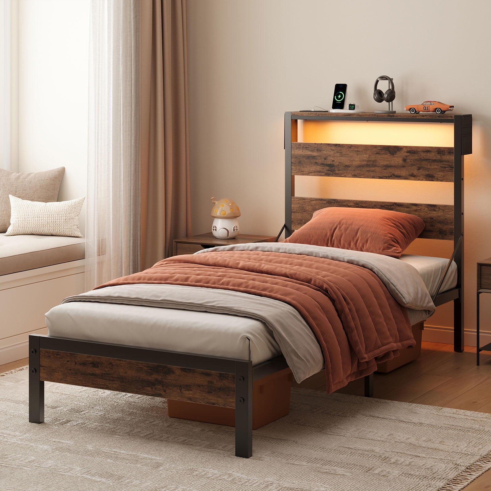 Bestier Twin Size Platform Bed Frame with Storage Headboard, LED Lights & USB Charging Station, Metal Bed Frame Rustic Brown