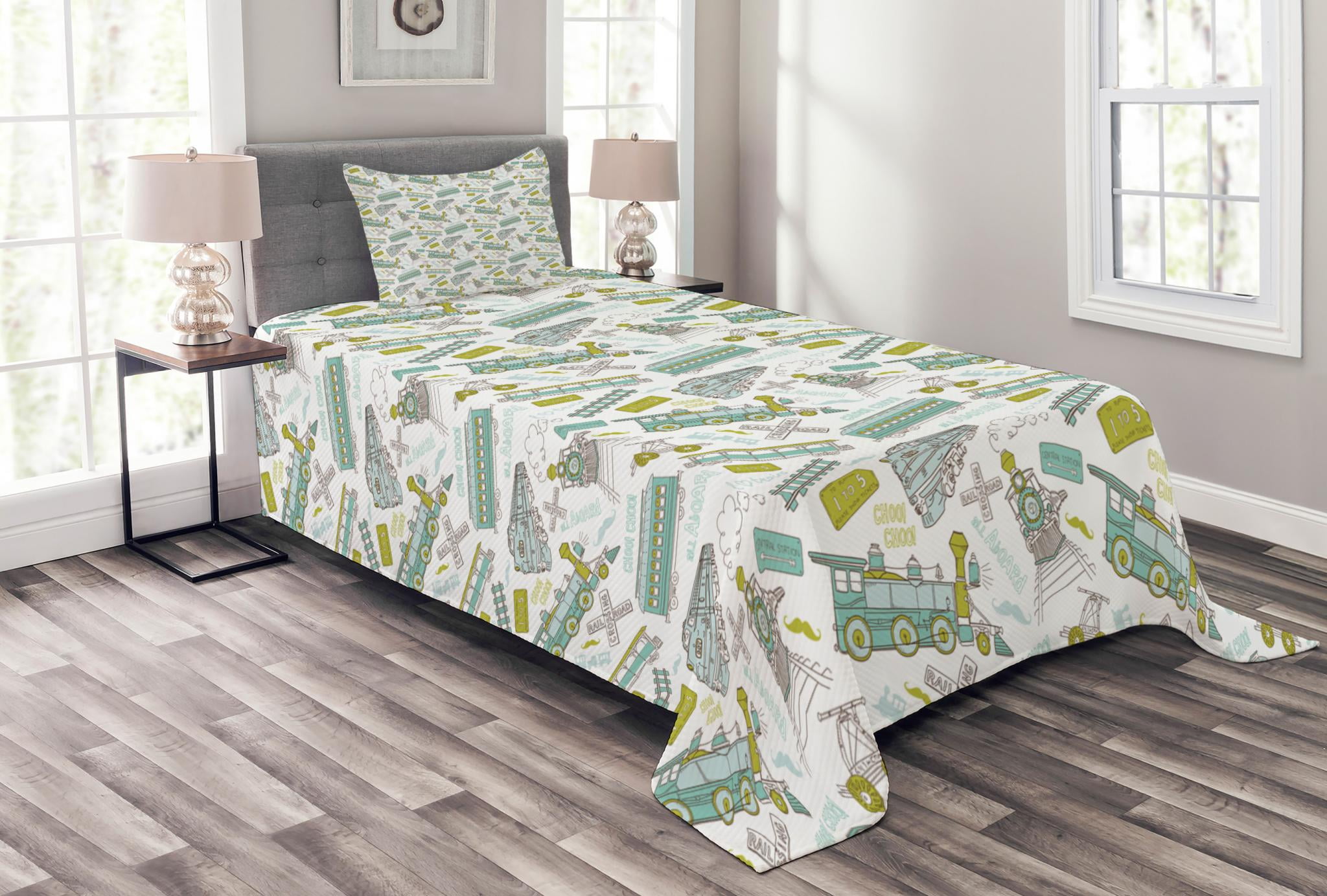 Steam Engine Bedspread Set Choo Train Kids Boy Pattern Blue Steam Engine Bedspread Set Choo Train Kids Boy Pattern Blue Green Number Plate Vintage Decorative Quilted Coverlet With Pillow Shams Included
