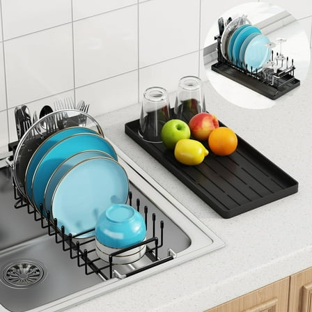 Sink Dish Drying Rack, Expandable Small Dish Rack Over Sink with Silicone Drying Tray, Black