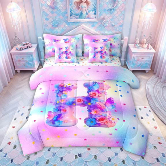 meiyoeat Flower Butterfly Initial Rainbow Twin Bedding, Watercolor Galaxy Stars Bedding Comforter Set for Girls, Colorful Star Reversible, 7-Piece