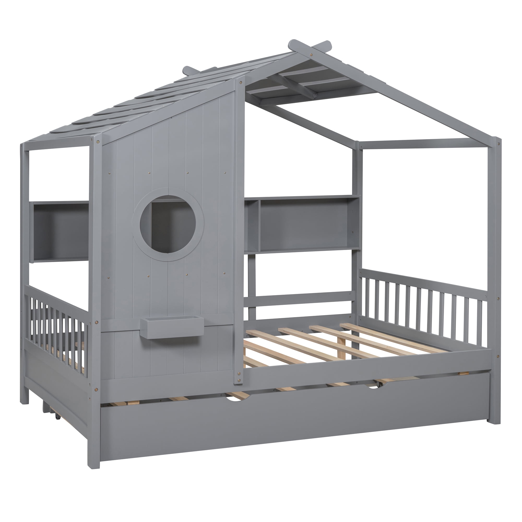 Harper & Bright Designs Wooden Full Size House Bed Frame with Trundle and Storage Shelves, House-Shaped Beds with Roof and Window Design for Girls Boys Bedroom, Gray