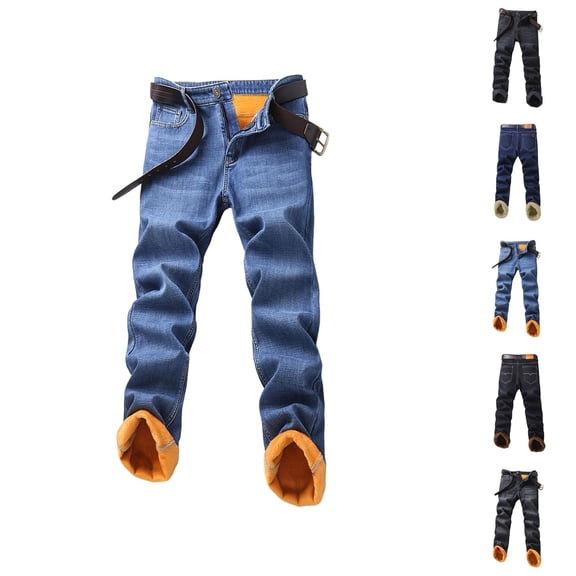 Mens Lined Jeans 2026 Fall Winter Thick Straight Leg Business Casual Denim Pants Jean Pants Trousers with Pockets