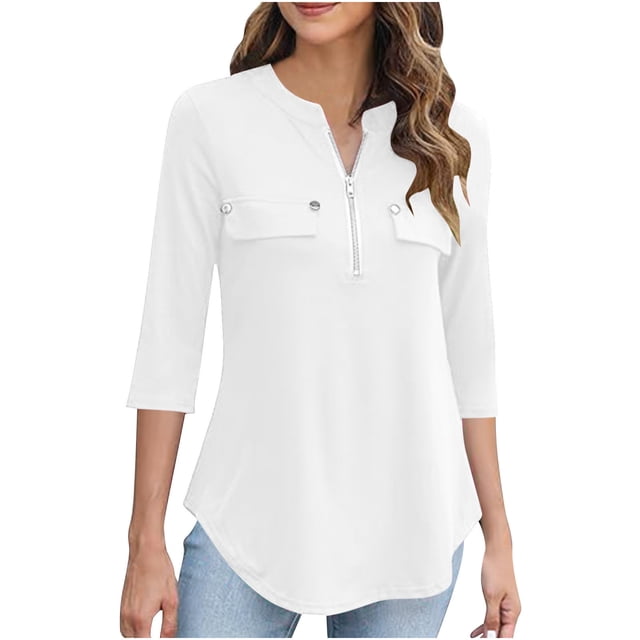 Timegard Hauts pour Femmes Col en V Fermeture Éclair Manches 3/4 Blouse Confortable Automne Tunique Décontractée pour Leggings