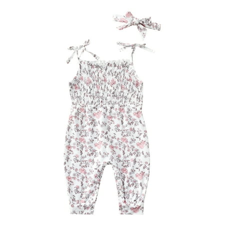 

BrilliantMe Baby Girls Romper and Headdress Summer Infant Floral Print Sleeveless Tie-up Shoulder Strap Jumpsuit