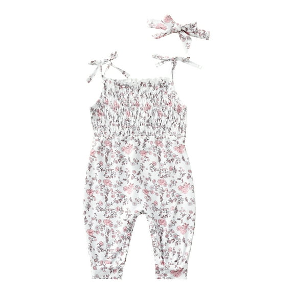 Seyurigaoka Baby Girls Romper and Headdress, Infant Floral Print Sleeveless Tie-up Shoulder Strap Jumpsuit, Pink/ Red/ White
