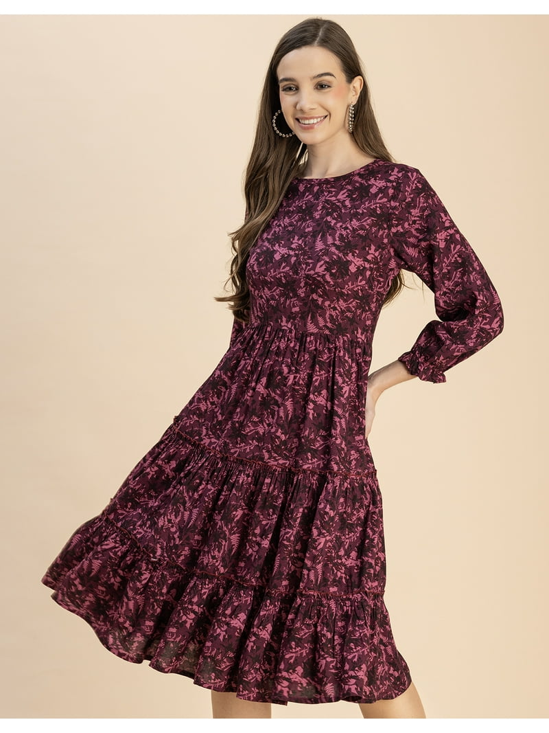Moomaya Long Sleeves Round Neck Printed Rayon Dress - Women's Casual Dress  - Walmart.com
