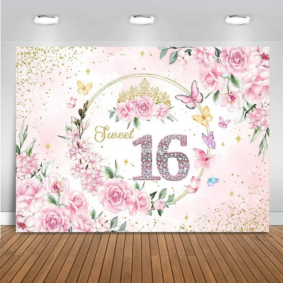 Sweet 16 Backdrop Sweet 16 Banner Decorations for Girls Birthday Party Pink Floral Gold Dots Sweet 16 Background Sweet Sixteen Decorations Photo Booth Props