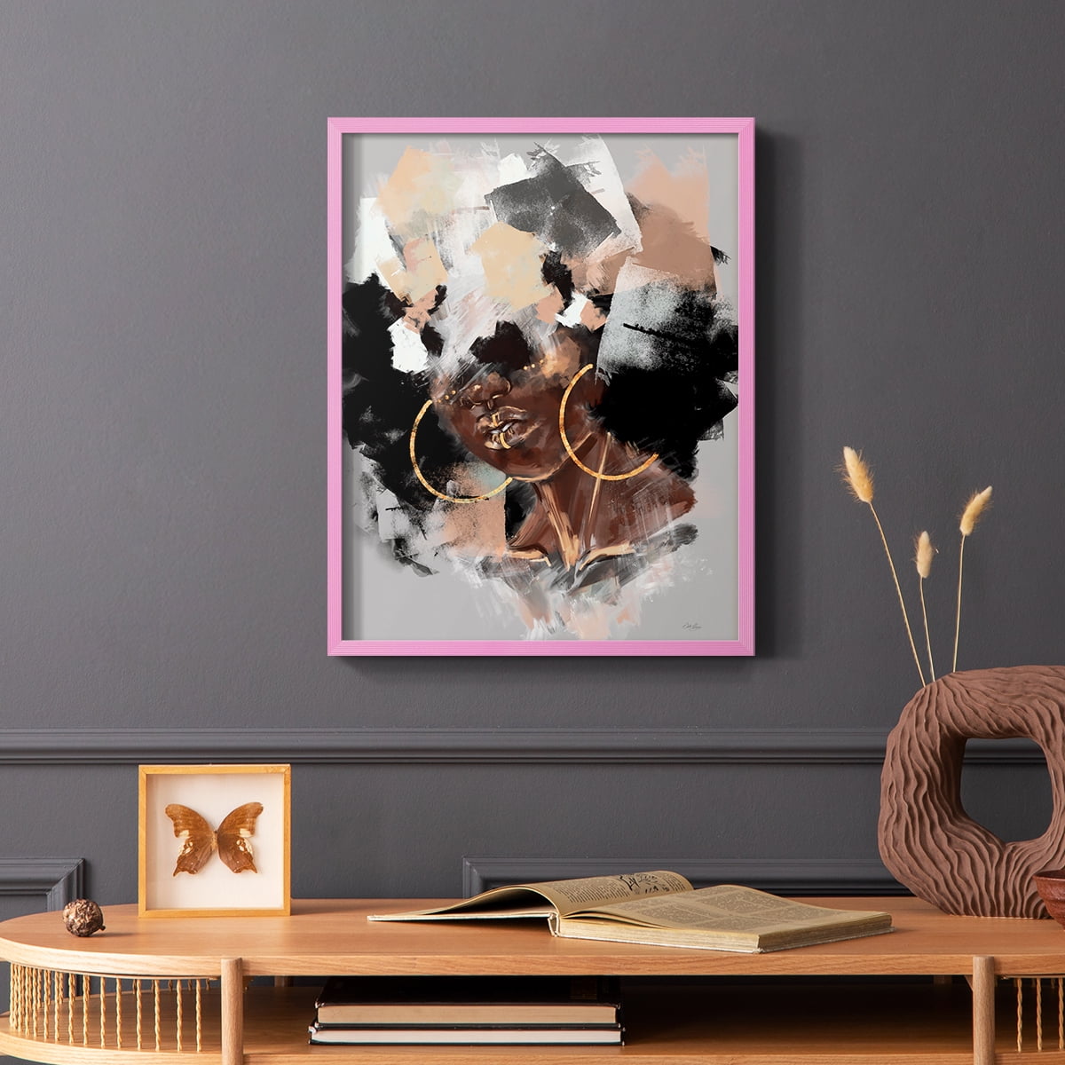 Afro Pop Framed Print in Pink Solid Wood Framed Print No Nail Hanging