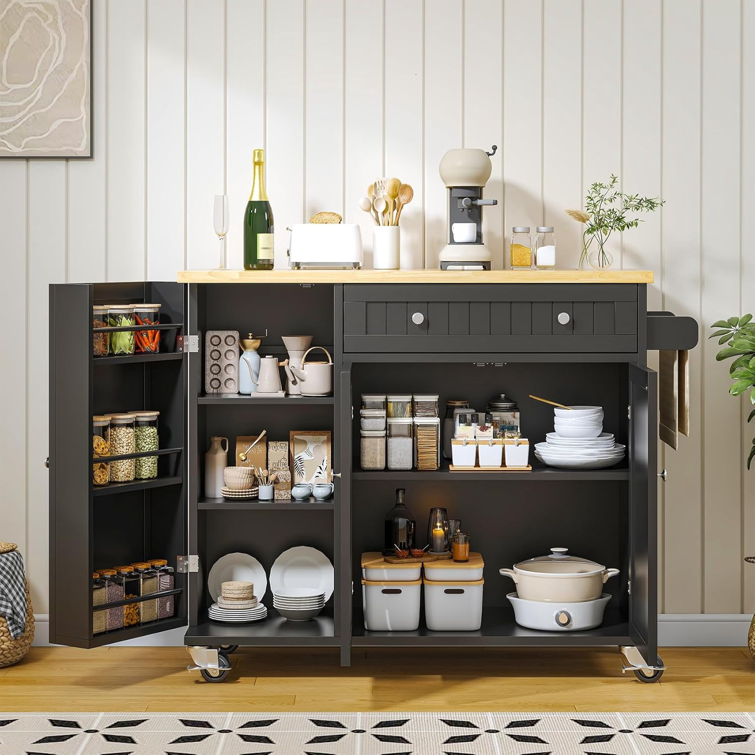 Meteorleg Kitchen Island with Storage, 41.3" W Wood Kitchen Island Cart with Drop Leaf, Black Rolling Cart with Lockable Wheels