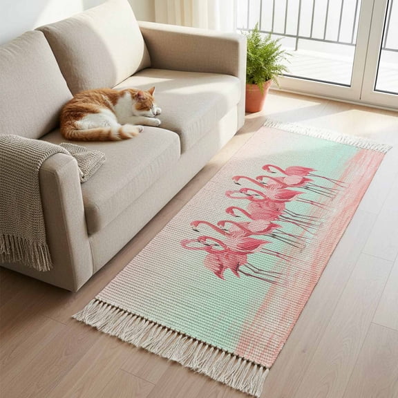 Pink Flamingo Kitchen Runner Rug 2'x4', Summer Tropical Flamingo Hawaii Animals Washable Rug with Tassels, Non Slip Woven Cotton Bathroom Rugs Hallway Carpet for Foyer Bedroom Entry Back Door Decor