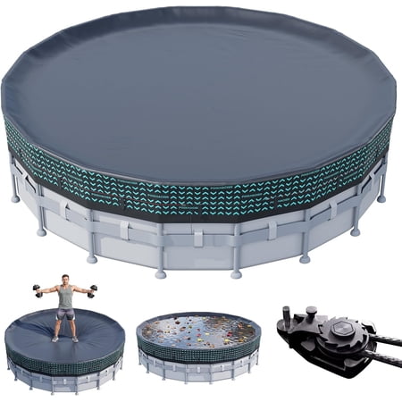 POOLHACKER 18FT Round Pool Cover for Above Ground Pools, Heavy-Duty 550D Oxford Fabric with Steel Cable Pulley System, Windproof & UV Resistant