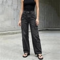 thumbnail image 4 of LEAVINGSUO Straight Leg Cargo Jeans Trousers for Women Fashion High Waisted Pockets Solid Color Button Zipper Casual Denim Pants Black S, 4 of 7