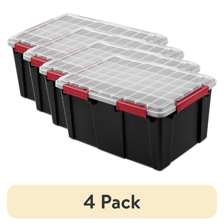 (4 pack) Sterilite Large Gasket Tote, 20 Gallon WaterProof Plastic Storage Bin with Lid, Gasket Seal and Durable Latches, Black