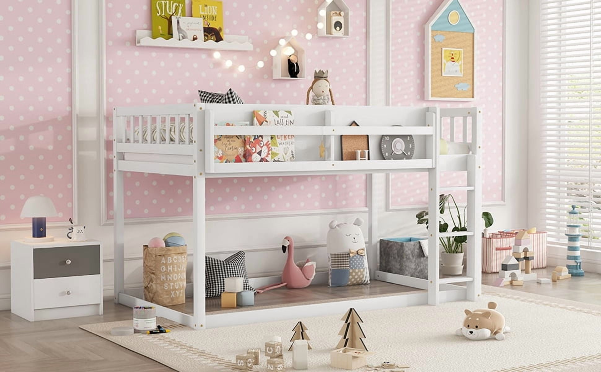 HOQBN Bunk Bed Twin Over Twin,Solid Wood Low Floor Bunk Bed with Ladder,White