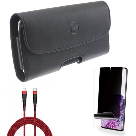 Case Belt Clip w 10ft PD Cable w Privacy Screen Protector for Samsung Galaxy S20 Plus - Leather Holster Cover, Type-C to USB-C Charger Cord Power, TPU Film [NOT GLASS] fits Galaxy S20 Plus