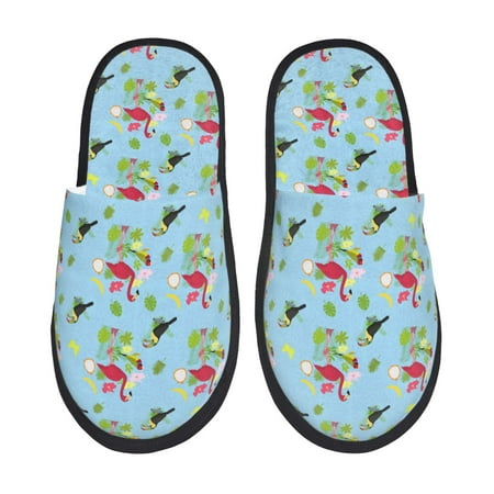 Balery Flamingos And Tropical Plants Slient Indoor Furry Fleece Comfort House Shoes Soft Non-Slip Home Shoes Cotton slippers House Slippers-- Large