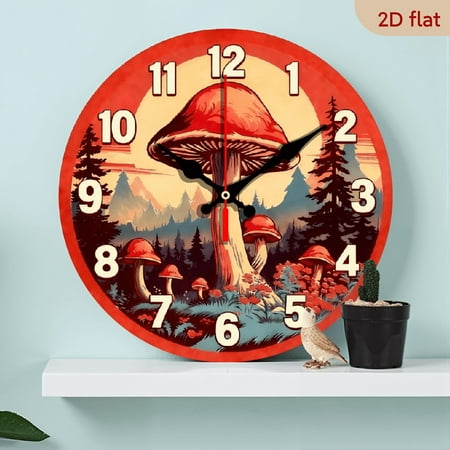 A 10-inch 2D flat Red Mushroom Forest themed wooden silent wall clock is an excellent choice for Halloween/Easter/Christmas gifts and is suitable for modern home decoration art.