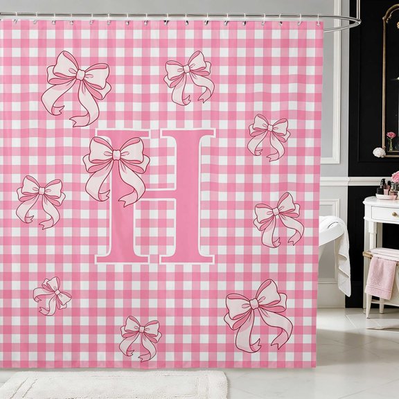Erosebridal Modern Satin Bow Ribbon Shower Curtain 72Wx72L for Girls, Romantic Floral Print Waterproof Bathroom Curtain