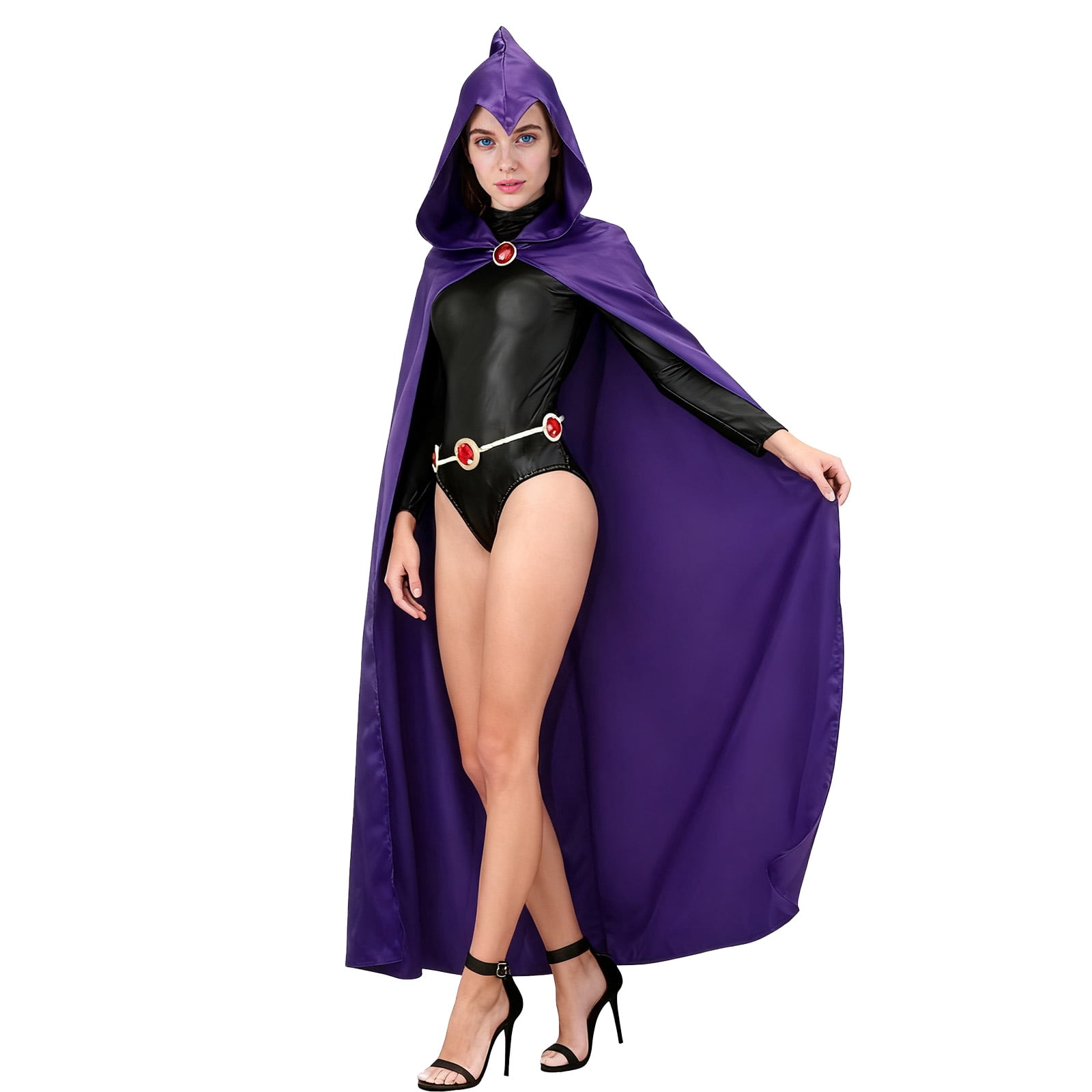 Raven Cosplay Costume Suit for Women, Jumpsuit with Purple Cloak Belt Halloween Uniform